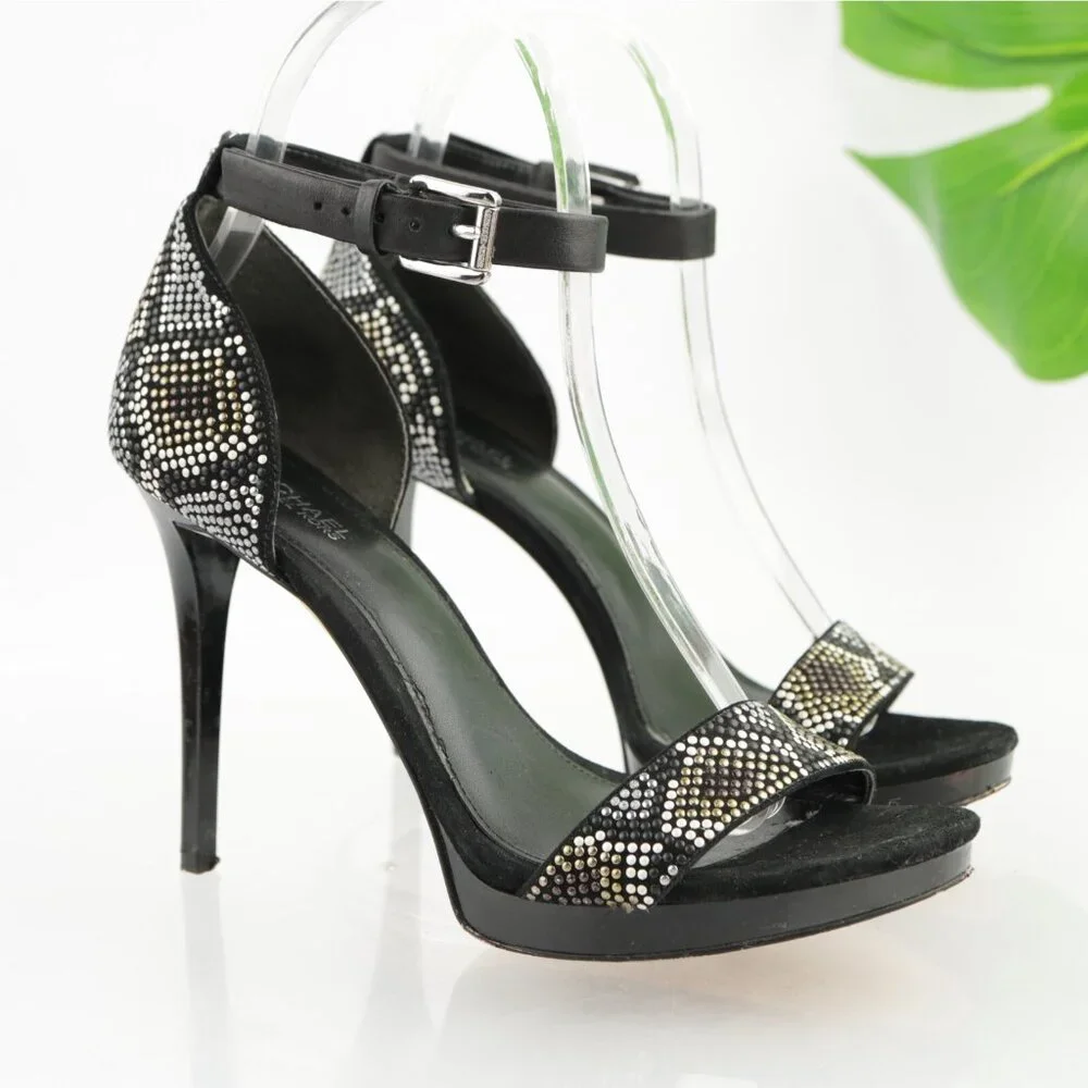 Michael Kors Womens Sienna Sandals Size 6.5 Black Suede Studded Ankle Strap Heel - Picture 1 of 15